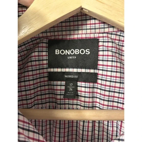 Bonobos Shirt Mens 17/34 White Pink Blue Button Up Long Sleeve Tailored Slim Fit - Picture 2 of 7